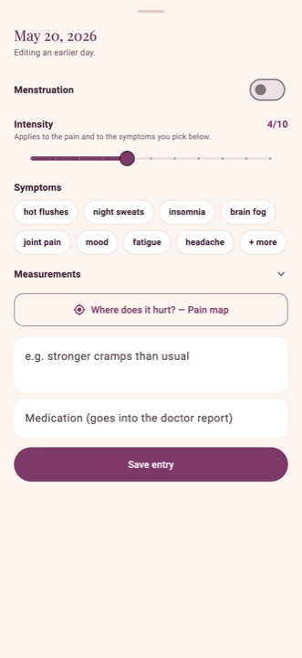 Logging a day: bleeding, pain, symptoms, a note